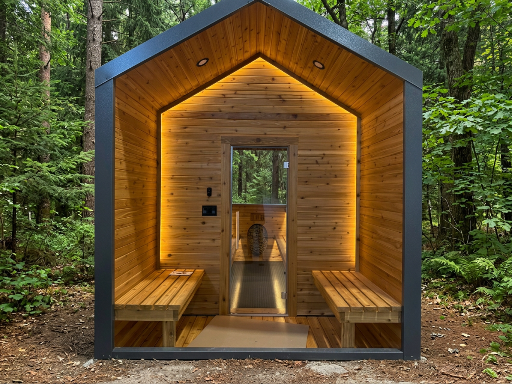 A wooden sauna with a bench and a door, likely used for relaxation or wellness purposes.